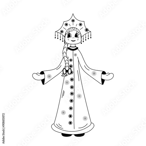 Snow Maiden line art. Traditional Russian Darling Snegurochka. Vector illustration. Outline for coloring book. Christmas and New Year character.