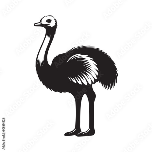 Ostrich Clipart, Struthio Bird Outline Design,  Common ostrich silhouette, Flightless bird illustration in black and white