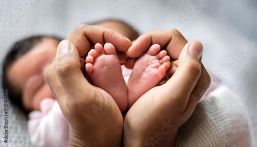  Newborn baby feet on mom and dad hands, shape like a lovely heart. Happy family concept- A _1(391)