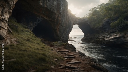 Unveiling Secrets The Daring Approach Along the StormLashed Path to the Caves Entrance. photo