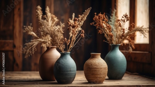 Three vases with dried flowers on a wooden background Toned Boho interior. photo