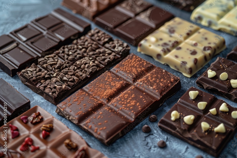 A variety of chocolate bars are displayed on a counter, including some with nuts and others with white chocolate chips. Concept of indulgence and temptation A variety of chocolate bars are displayed on a counter, including some with nuts and others with white chocolate chips. Concept of indulgence and temptation
