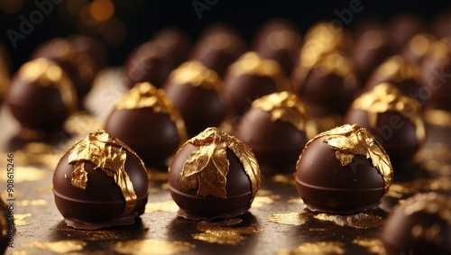 Handcrafted Chocolate Bonbons Adorned with Gold Leaf Exuding Luxury and Elegance. photo