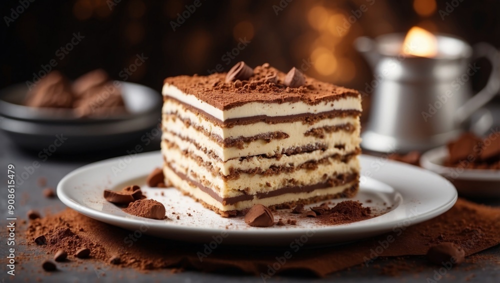 Piece of a delicious tiramisu cake with cacao powder on a white plate on the table with space for copy. Piece of a delicious tiramisu cake with cacao powder on a white plate on the table with space for copy.