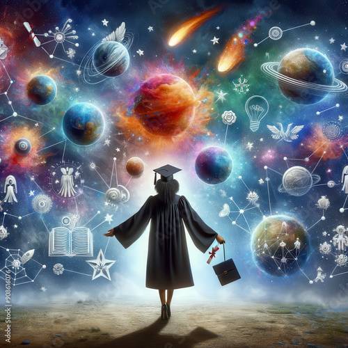 Female Graduate Celebrating in a Galaxy of Knowledge photo