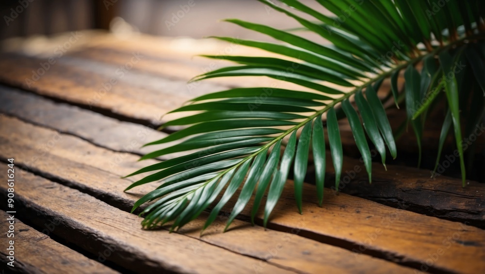 Palm leaf on wooden background Top view with copy space. Palm leaf on wooden background Top view with copy space.