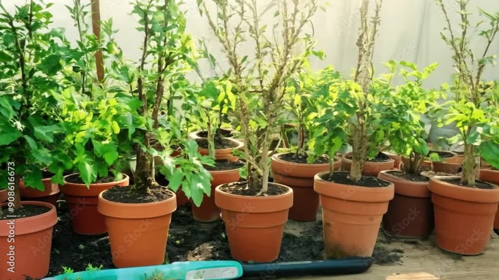Reforestation set of young trees trunks in pots, afforestation set of green plants in flowerpots, gardening and botany concept Reforestation set of young trees trunks in pots, afforestation set of green plants in flowerpots, gardening and botany concept