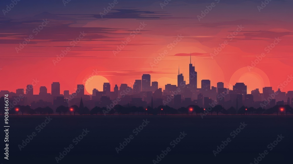 silhouetted cityscape flat design side view, twilight skyline, animation, Complementary Color Scheme silhouetted cityscape flat design side view, twilight skyline, animation, Complementary Color Scheme