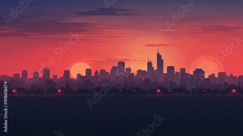 silhouetted cityscape flat design side view, twilight skyline, animation, Complementary Color Scheme