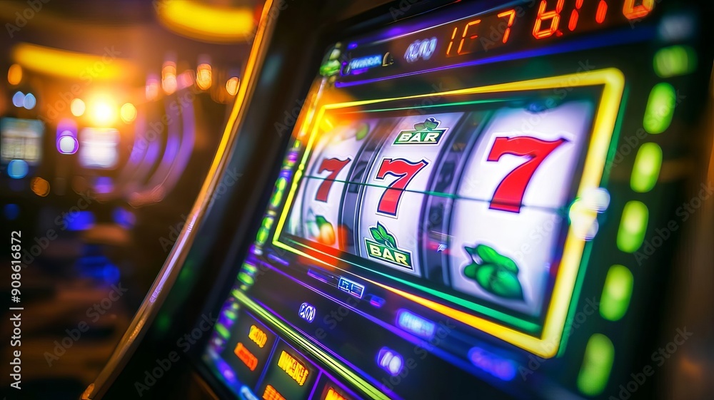 Close-up of a vibrant slot machine with glowing lights and lucky sevens, perfect for capturing the excitement of casino gaming. Close-up of a vibrant slot machine with glowing lights and lucky sevens, perfect for capturing the excitement of casino gaming.