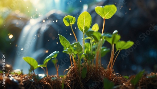 Sprouting Life A Seedlings Vibrant Double Exposure with a Cascading Waterfall.