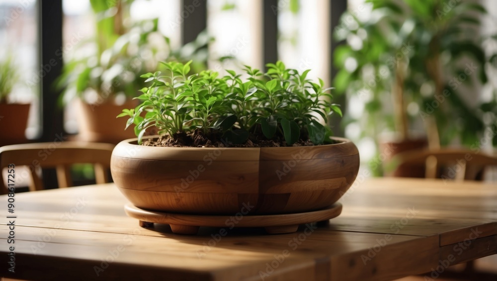 Modern Wooden Table Basks in Warm Natural Light adorned with Potted Green Plants. Modern Wooden Table Basks in Warm Natural Light adorned with Potted Green Plants.