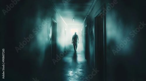 Sleepwalker navigating through a twisted eerie corridor dimly lit and shrouded in an unsettling surreal atmosphere  This photograph captures the mystery and suspense of the supernatural