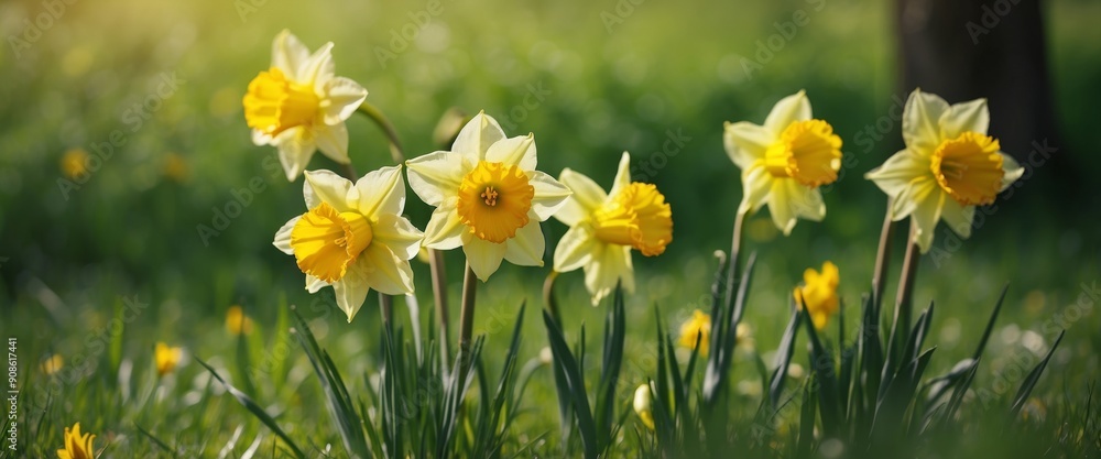 Fototapeta premium Three flower daffodils in spring outdoors in grass in the sun close-up on green blurred background A beautiful spring template for design.