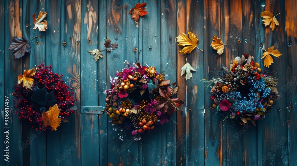 Fototapeta premium Beautifully crafted fall wreaths hanging on a rustic wooden door, made of colorful leaves, berries and dried flowers.