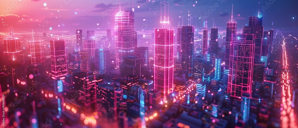 Futuristic neon lit smart city with integrated technology illustrating the urban future with glowing skyscrapers vibrant lights and a dynamic data driven cityscape Futuristic neon lit smart city with integrated technology illustrating the urban future with glowing skyscrapers vibrant lights and a dynamic data driven cityscape