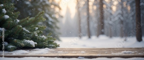 Winter christmas scenic background with copy space The wooden flooring was strewn with snow in the forest and the branches of fir-trees covered with snow on the nature. photo