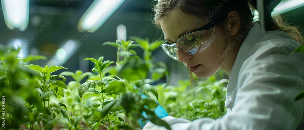 Scientist in a white lab coat examining plants and data in a modern high tech indoor agricultural research laboratory representing the future of sustainable food production and urban farming Scientist in a white lab coat examining plants and data in a modern high tech indoor agricultural research laboratory representing the future of sustainable food production and urban farming
