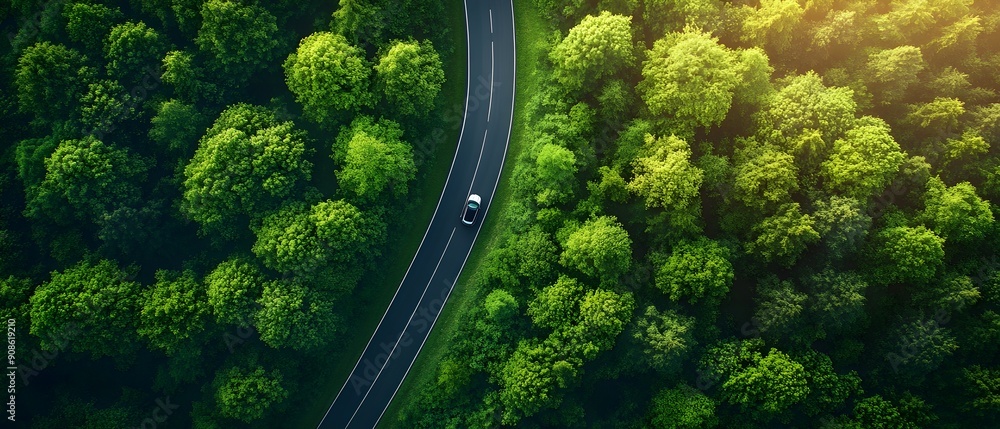 Lush green scenic winding road with electric vehicle and cinematic lighting Aerial top down view of a serene forest landscape with a clean curving path leading through the verdant foliage Lush green scenic winding road with electric vehicle and cinematic lighting Aerial top down view of a serene forest landscape with a clean curving path leading through the verdant foliage