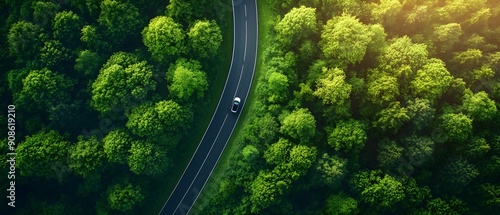 Lush green scenic winding road with electric vehicle and cinematic lighting  Aerial top down view of a serene forest landscape with a clean curving path leading through the verdant foliage