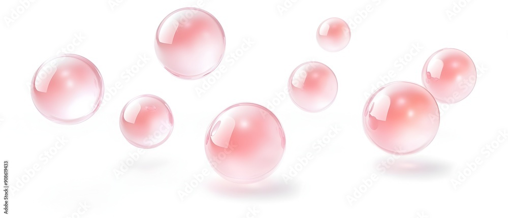 of a group of floating translucent glossy pink spheres against a clean white background of a group of floating translucent glossy pink spheres against a clean white background