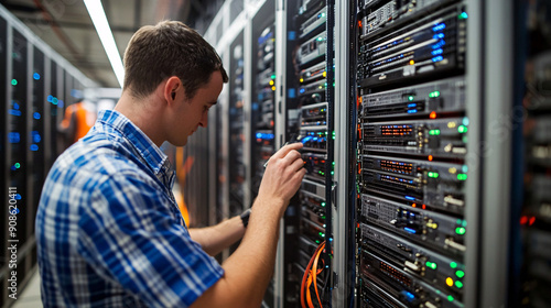 An IT specialist troubleshooting a server in a data center  photo