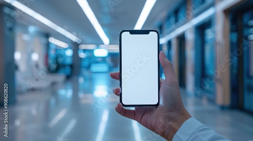 Young woman Hand holding smartphone with blank screen with blurred of Hospital hallway  reception clinic Abstract blur hospital and clinic interior hospital corridor defocused Medical background.