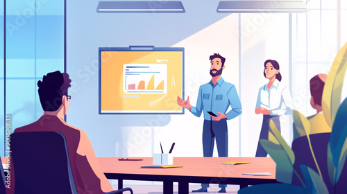 A sales manager pitching a product to clients in a conference room 