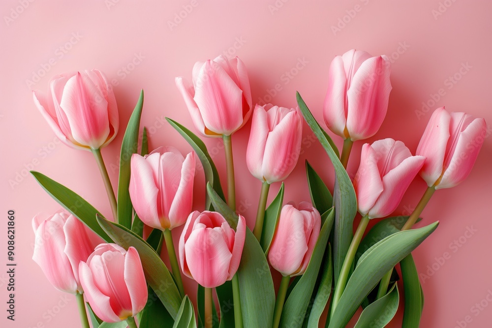 Fototapeta premium Pink tulip bouquet on pastel pink background. Fresh spring flowers in a beautiful composition. Perfect for Valentine Day, Easter, Birthday, Mother Day, or just as a lovely decoration.
