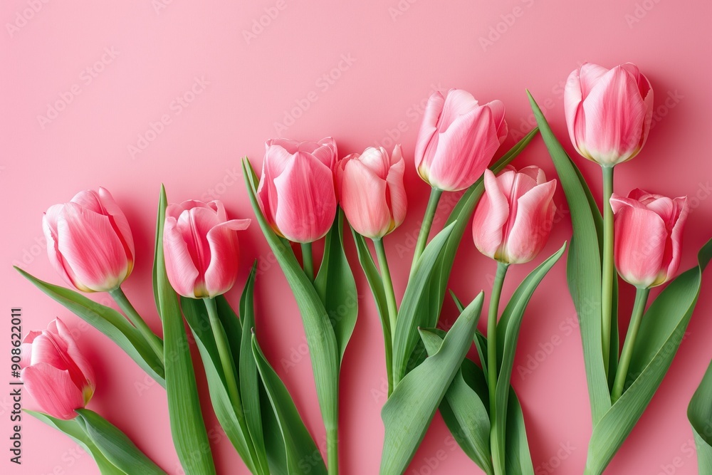 Bouquet of pink tulips on pastel pink background in a flat lay composition. Valentine Day, Easter, Birthday, Happy Women Day, Mother Day celebration flowers. Bouquet of pink tulips on pastel pink background in a flat lay composition. Valentine Day, Easter, Birthday, Happy Women Day, Mother Day celebration flowers.