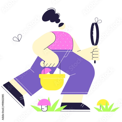 Woman with magnifying glass going mushroom picking