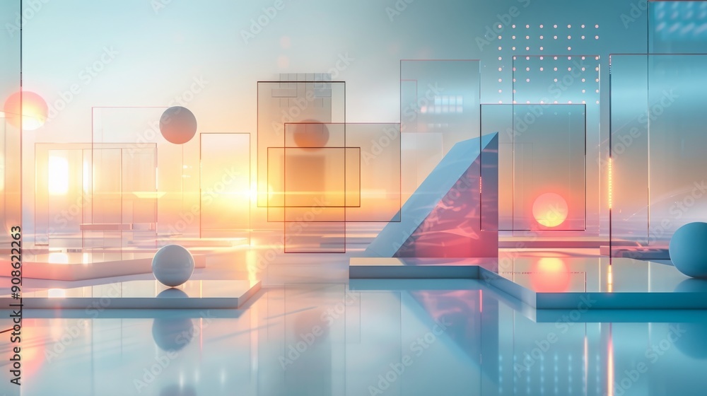 Fototapeta premium Abstract composition of transparent squares, triangles, and rounded shapes