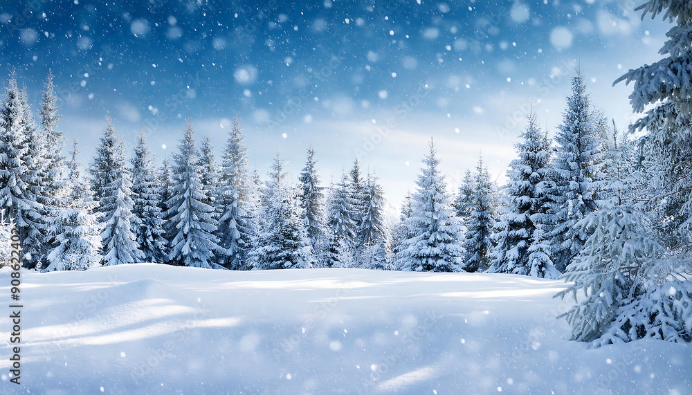 Fototapeta premium Snowfall in winter forest. Beautiful landscape with snow covered fir trees and snowdrifts. _1(447)