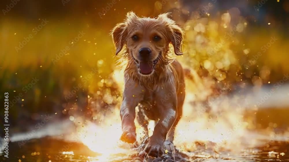 Happy golden dog running through water with a splash. Happy golden dog running through water with a splash.