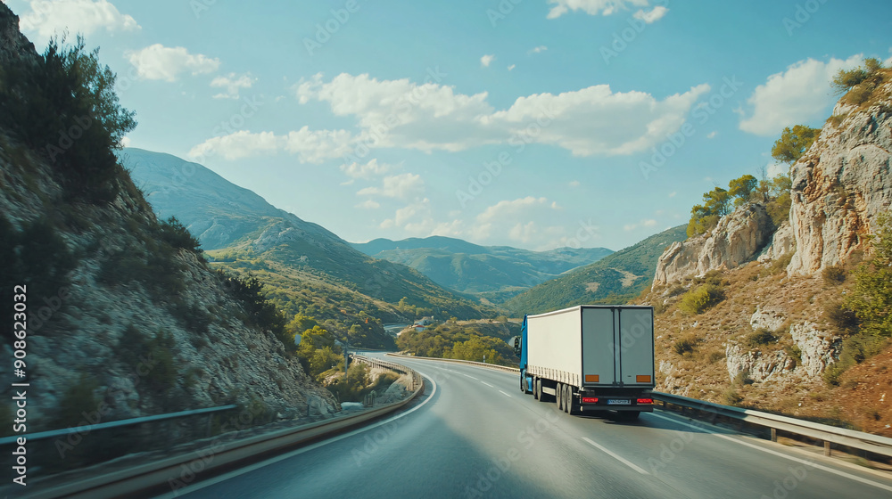 Photography of a professional truck driver navigating a scenic highway ...