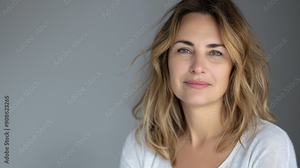 Elegant studio portrait of a beautiful middle-aged woman with tousled blonde hair, green eyes, and a confident smile against a plain gray background Elegant studio portrait of a beautiful middle-aged woman with tousled blonde hair, green eyes, and a confident smile against a plain gray background