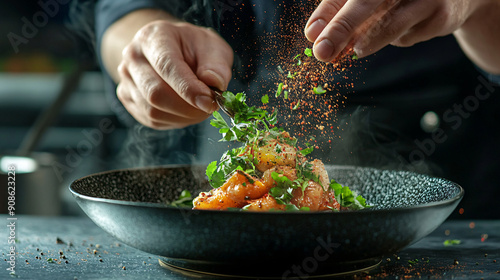 Fototapeta Naklejka Na Ścianę i Meble -  Photography of a chef garnishing a dish with fresh herbs and spices, with a UHD focus on the vibrant colors and textures of the ingredients 