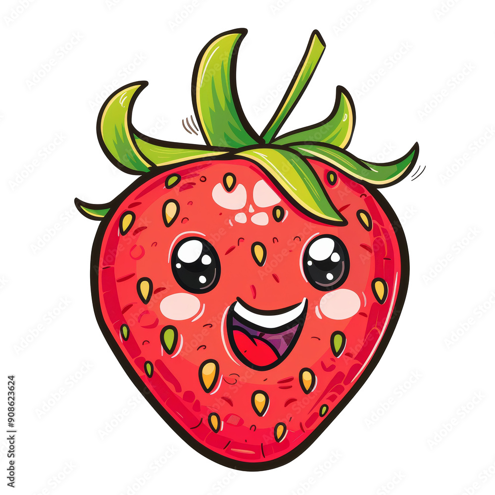 Obraz premium Cute and cheerful cartoon strawberry with a big smile, perfect for children's products and fun designs.