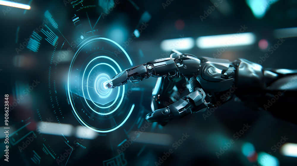 The robot mechanical arm or hand presses the index finger on the button a virtual holographic interface. Artificial Intelligence futuristic design concept The robot mechanical arm or hand presses the index finger on the button a virtual holographic interface. Artificial Intelligence futuristic design concept