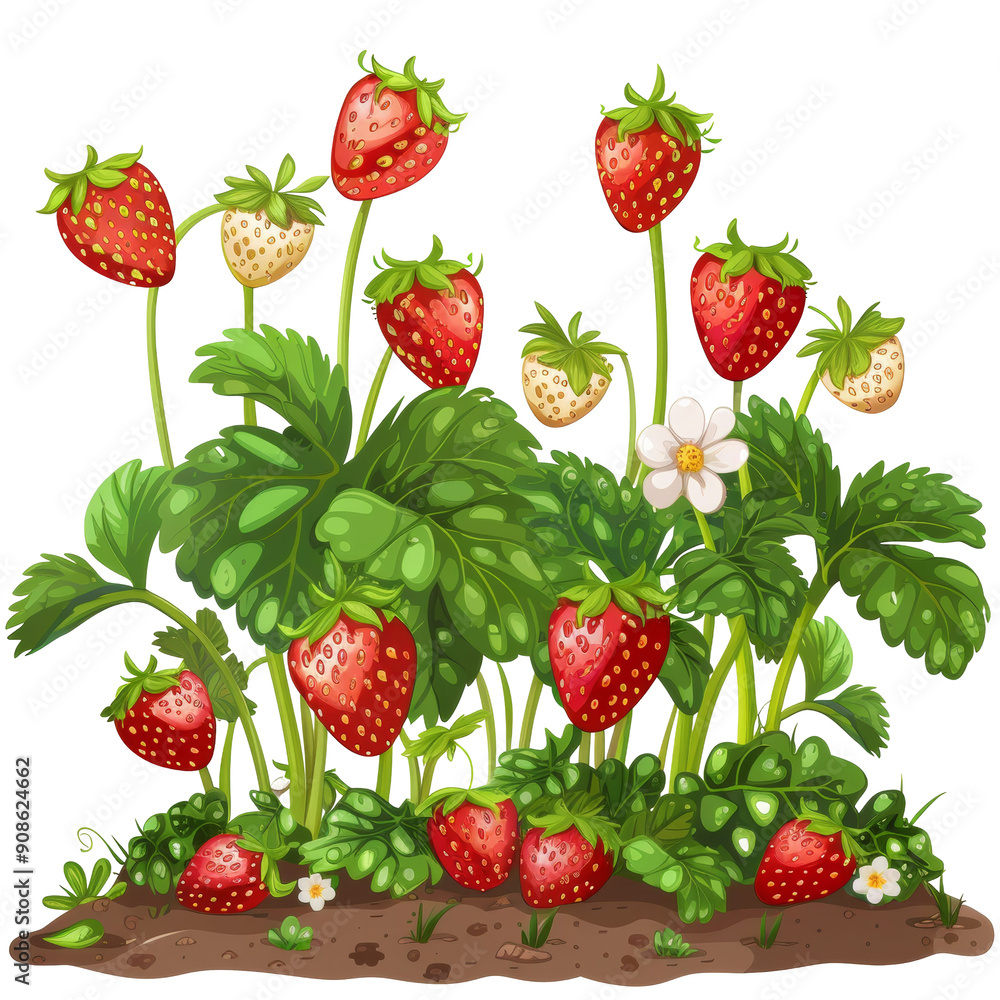 Vibrant strawberry plant showcasing ripe red berries and delicate flowers thriving in lush green foliage. Vibrant strawberry plant showcasing ripe red berries and delicate flowers thriving in lush green foliage.