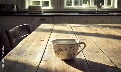 Rustic Charm: Sunlit Coffee Cup on Wooden Table in Country Kitchen, Embodying Cultural Heritage and Simple Joys. Cozy, Humble Home Ambiance Captured in High-Quality 4K Wallpaper. Perfect for Advertisi photo