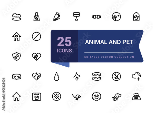 Animal and pet icon set. Pets web icons in minimal line style. Liner icon collection. Related to Dog, cat, rabbit, hamster, bird, bone, pets, vet help. Editable Vector illustration.