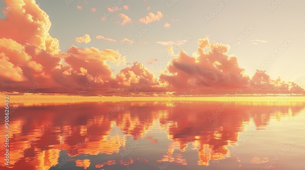 Fluffy clouds float over a serene lake at sunset, their edges tinged with pink and gold. Fluffy clouds float over a serene lake at sunset, their edges tinged with pink and gold.