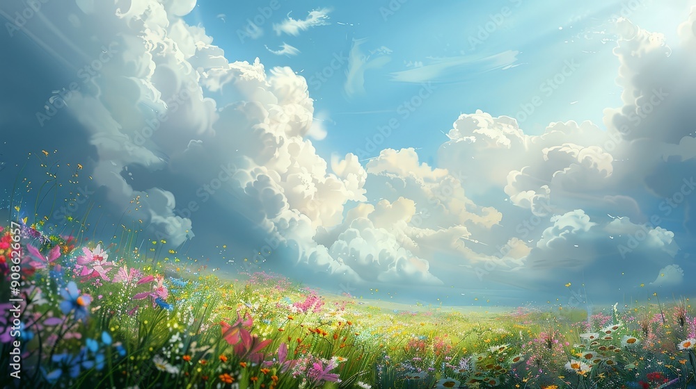 Fluffy clouds float over a sunlit meadow, their presence creating a dreamy and idyllic atmosphere. Fluffy clouds float over a sunlit meadow, their presence creating a dreamy and idyllic atmosphere.