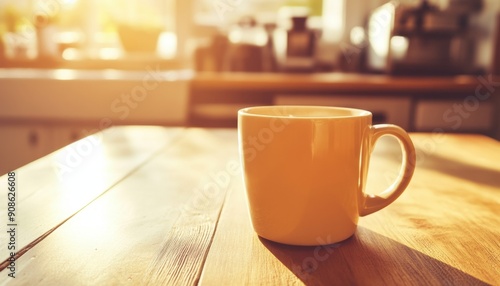 Rustic Charm: Sunlit Coffee Cup on Wooden Table in Country Kitchen, Embodying Cultural Heritage and Simple Joys. Cozy, Humble Home Ambiance Captured in High-Quality 4K Wallpaper. Perfect for Advertisi photo