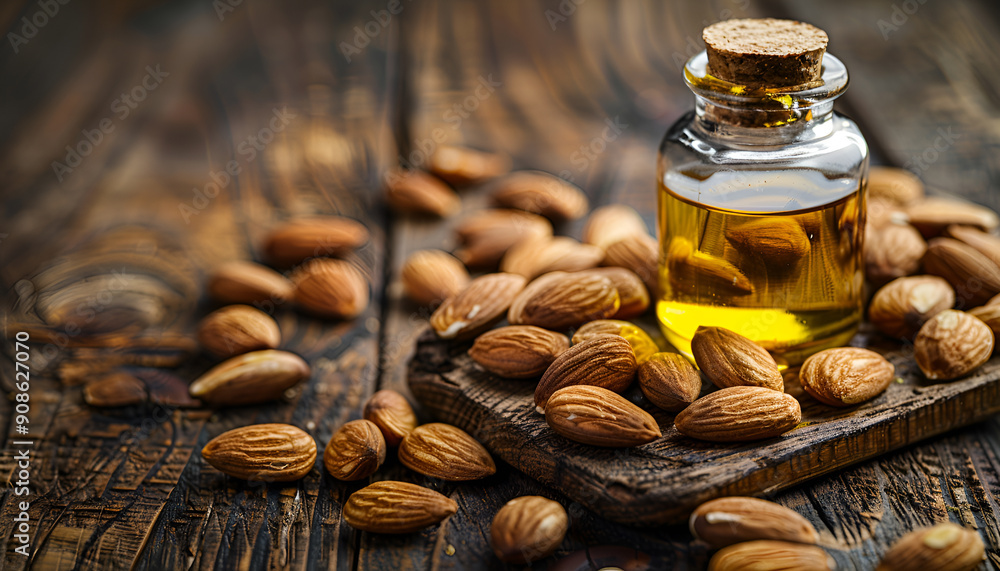 Almond oil in a small jar of almonds and nuts on an old wooden background Almond oil in a small jar of almonds and nuts on an old wooden background