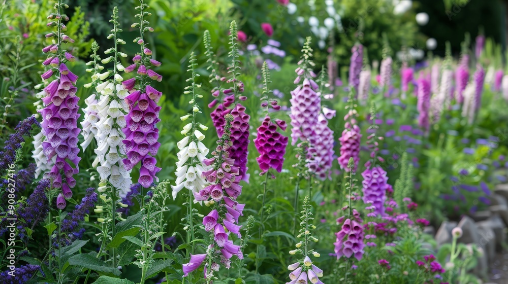 Foxgloves, with their tall spikes of tubular flowers in shades of purple, pink, and white, attracting bees and adding vertical interest to gardens. Foxgloves, with their tall spikes of tubular flowers in shades of purple, pink, and white, attracting bees and adding vertical interest to gardens.