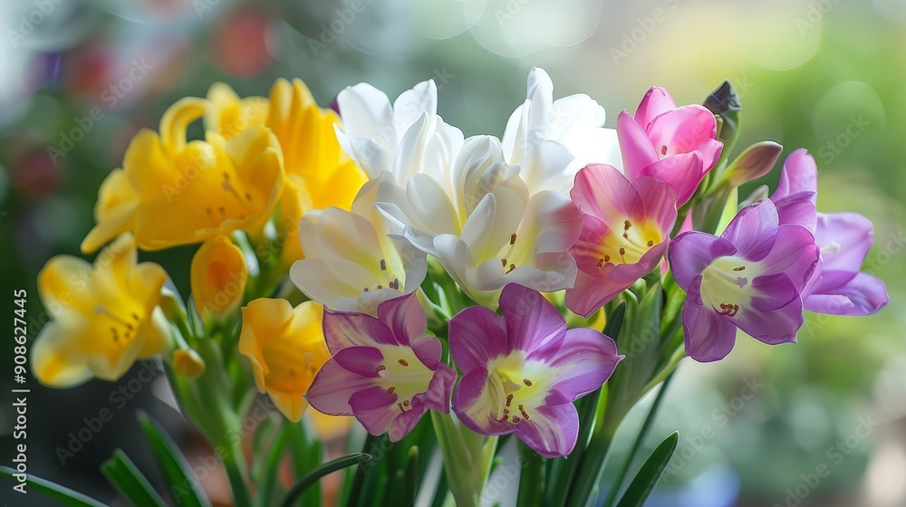 Freesias, with their fragrant, trumpet-shaped blooms in hues of white, yellow, pink, and purple, filling gardens with their sweet perfume. Freesias, with their fragrant, trumpet-shaped blooms in hues of white, yellow, pink, and purple, filling gardens with their sweet perfume.
