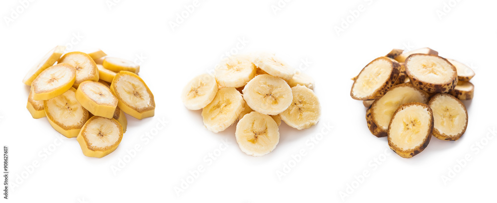 Various very fresh and few days banana slices on white background. Various very fresh and few days banana slices on white background.