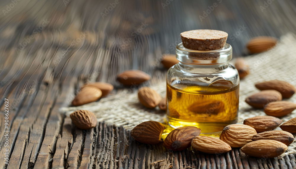Almond oil in a small jar of almonds and nuts on an old wooden background Almond oil in a small jar of almonds and nuts on an old wooden background
